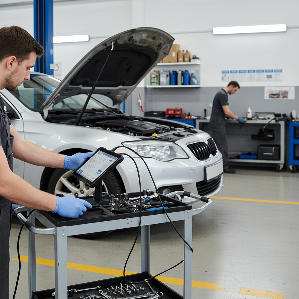 Professional mechanic performing diagnostic in a clean workshop