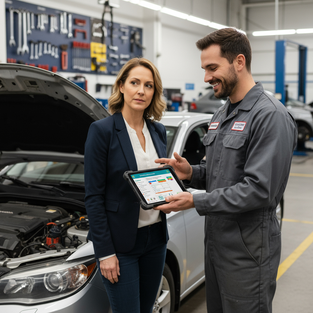 Technician discussing inspection report with customer