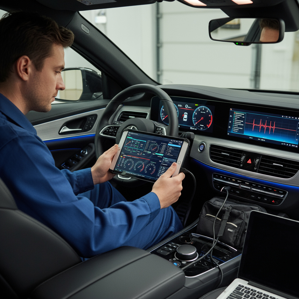 Engine diagnostic scanner in use